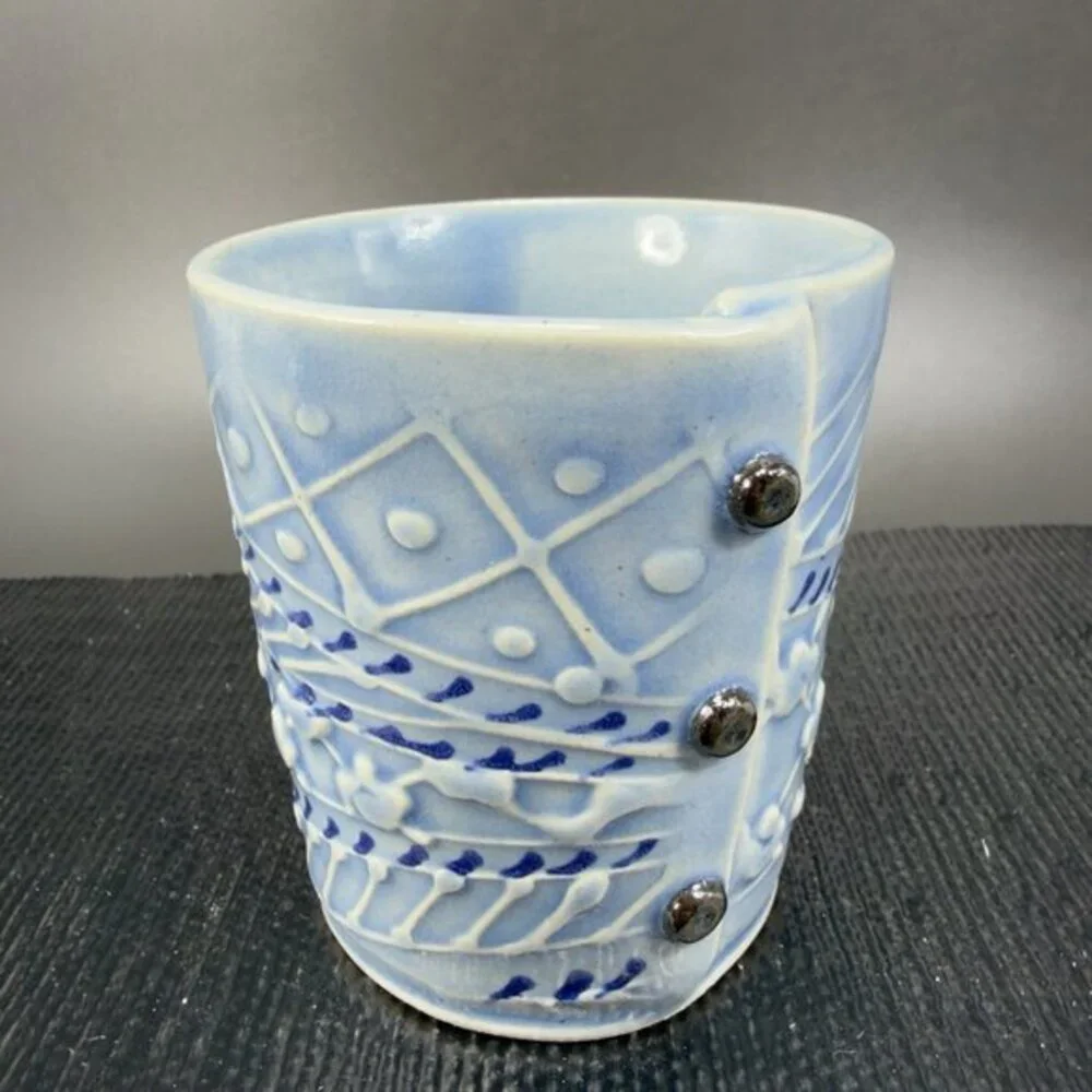 Charan Sachar Knitted Cup w‎ Buttons Small Mug Cup Shot Glass Container Signed